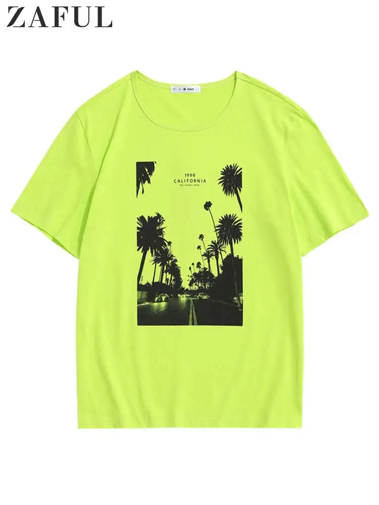 

ZAFUL Cotton T-shirts for Men California Palm Tree Graphic Vintage Tees Summer Short Sleeve Streetwear Essential Tops Z4760446