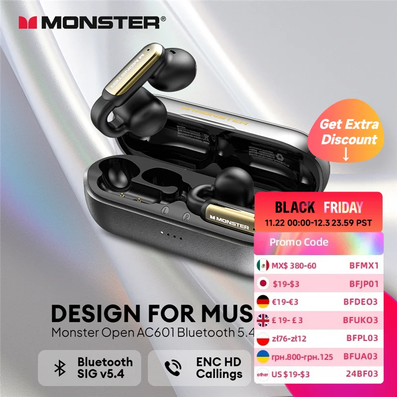 Наушники-вкладыши Monster OPEN AC601 с зажимом для наушников Bluetooth 5 4 ENC