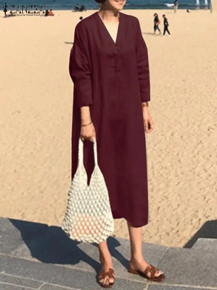 

ZANZEA Fashion Women Dress Spring Casual Loose Mid-calf Sundress Oversize V Neck Long Sleeve Robe Femme Solid Vestido Kaftan
