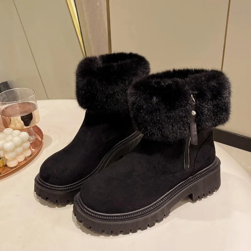 

Women Luxury Side Zipper Plush Snow Boots 2023 Winter Designer Round Head Thick Sole Anti-slip Platform Shoes Zapatos De Mujer