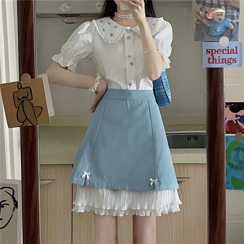 

2 Piece Set Women Summer Blue Patchwork Bow Mini Skirt Floral Embroidery Peter Pan Collar Puff Sleeve Shirt Sweet Girl Outfits