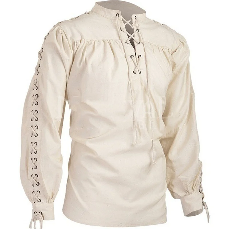 Fashion Men's Bandage Long Sleeve Medieval Renaissance Shirt Gothic Men's Warrior Shirt Solid Color Camisas Para Hombre