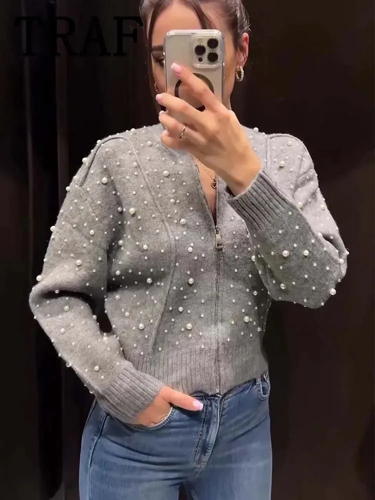 

TRAF Women Artificial Pearls Cropped Jacket 2023 Woman Long Sleeve Autumn Bomber Jackets For Women Knitted Coat