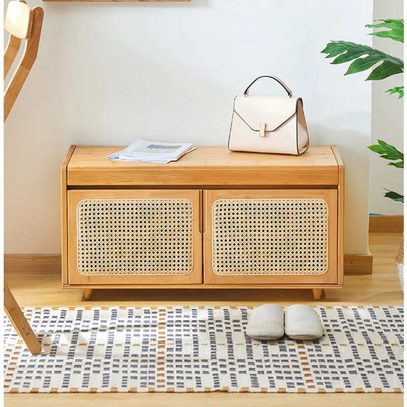 

Household Rattan Woven Shoe Organizer Multifunctional Shoe Cabinet Natural Bamboo Shoe Rack Clamshell Storage Hallway Bench