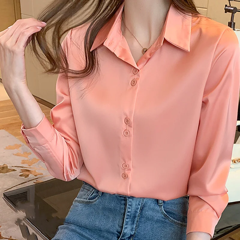 

2023 Women's Silk Shirts V-neck Solid Laides Tops Womens Spring Fashion Satin Long Sleeve Blouses Button Up White OL Vintage Top