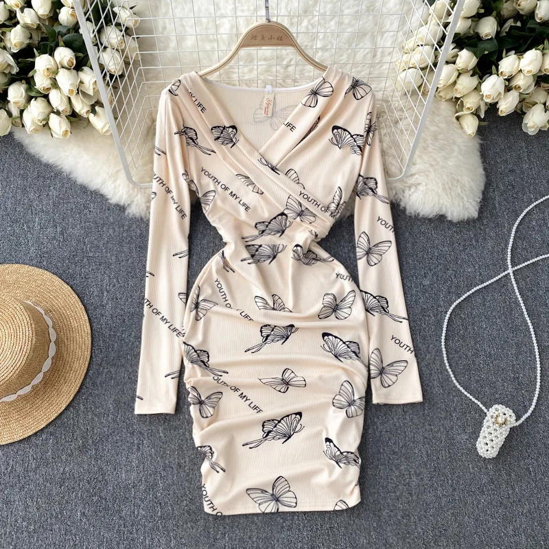 

Autumn and Winter New Cross V-neck Knitted Print Sexy Waist Tight Wrap Hips Long Sleeves Light Familiar Bottoming Dress