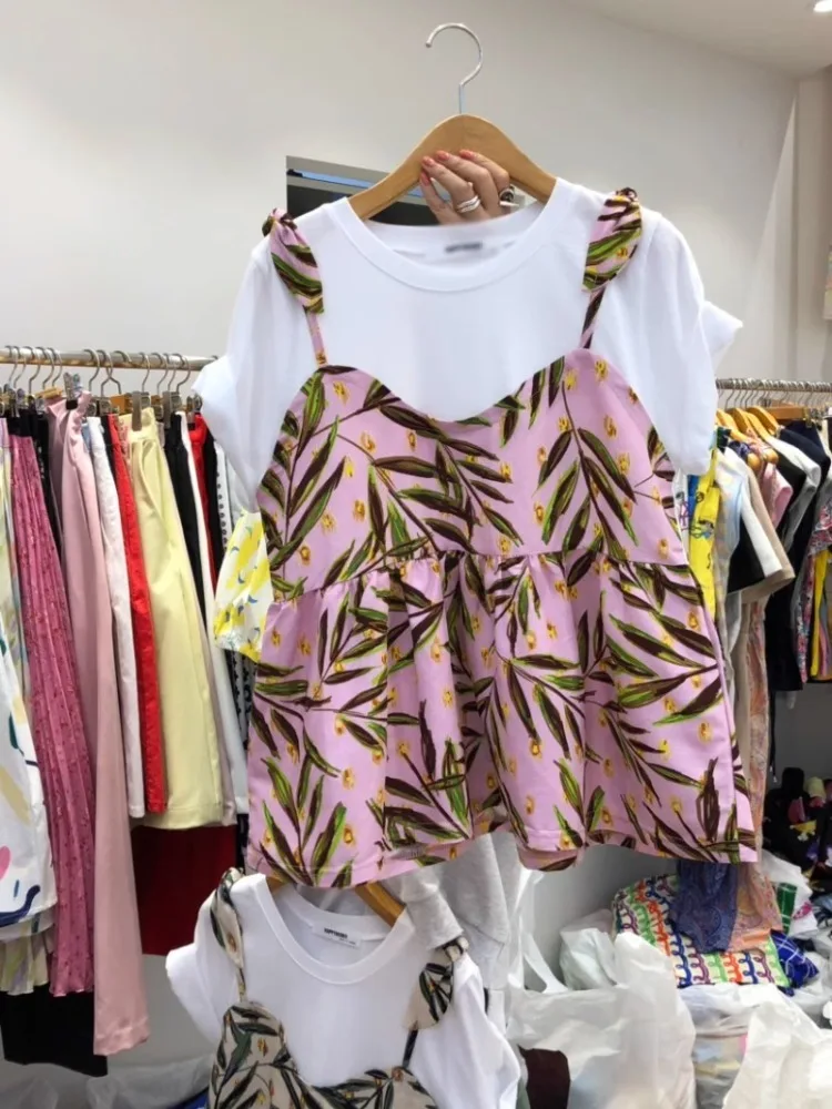 

Hikigawa Fake Two Pieces All Match Loose T-shirts O Neck Chic Fashion Tops Women Short Sleeve Floral Print Roupas Femininas