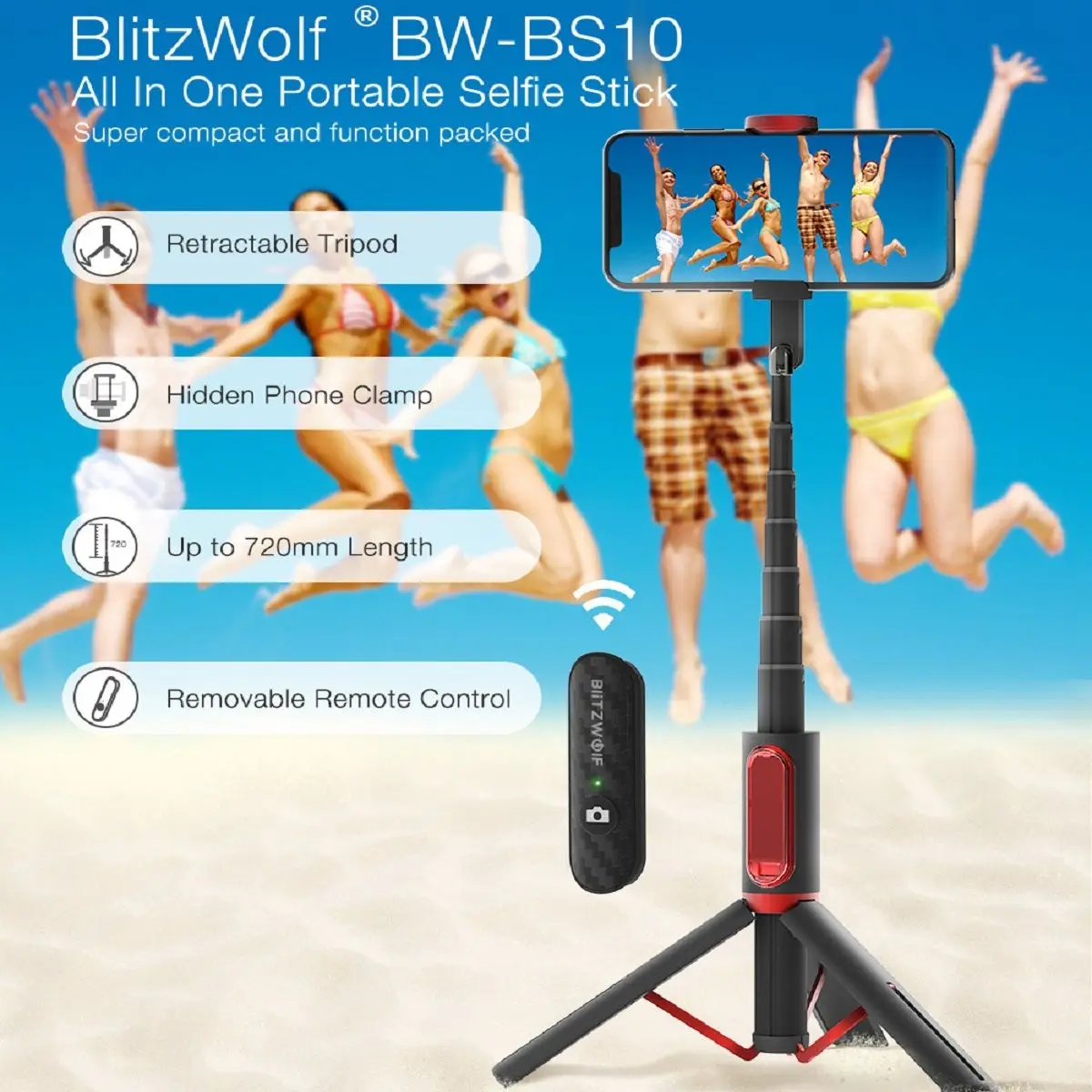 

Портативная селфи-палка BlitzWolf BW-BS10, штатив, все в одном, скрытый телефонный зажим, bluetooth-совместимая селфи-палка для Android iOS