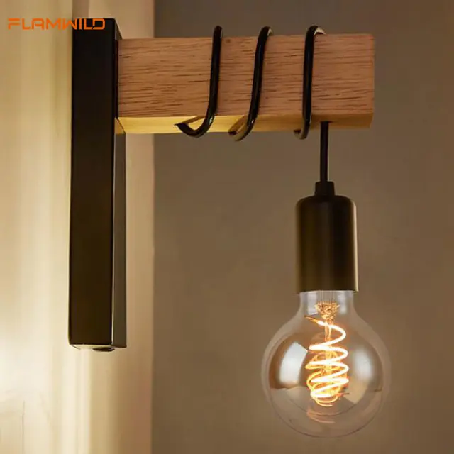 Retro Wooden Wall Lamp Industrial Wind Bedside Creative Living Room Simple Bedroom Staircase Art Decoration Background Luces 3