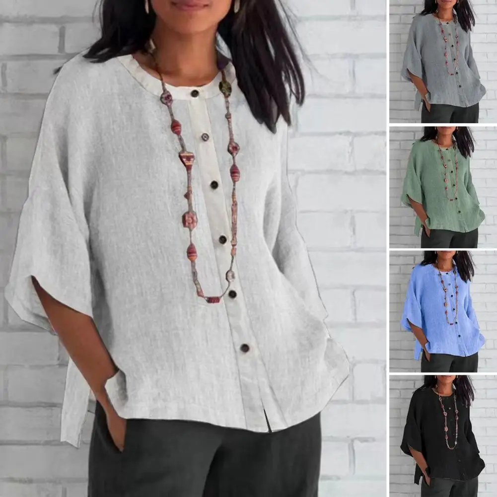 

Женская винтажная рубашка из хлопка и льна, однотонная однобортная Свободная блузка с рукавом 3/4 и круглым вырезом, кардиган, топ на весну и осень