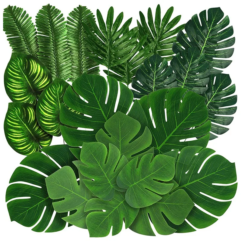 

88 Pieces Palm Jungle Leaves 8 Kinds Faux Tropical Monstera Leaves With Stems For Hawaiian Luau Party Beach Theme Party-ABUX