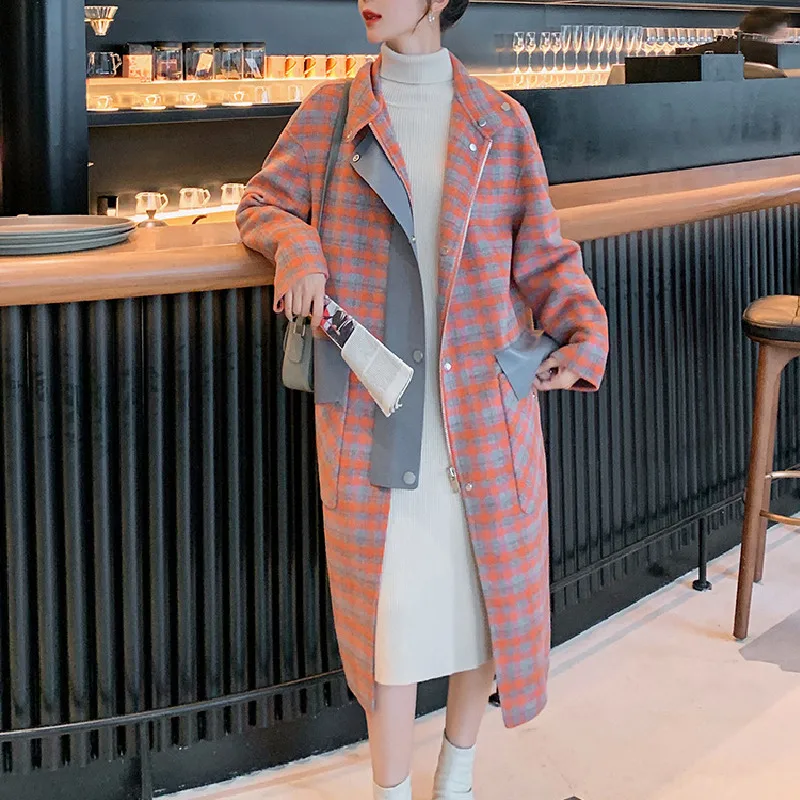 Orange Plaid Long Coat Jacket Female Autumn Winter Windbreaker 2023 New Korean Fashion Loose Vintage Temperament Woolen Overcoat