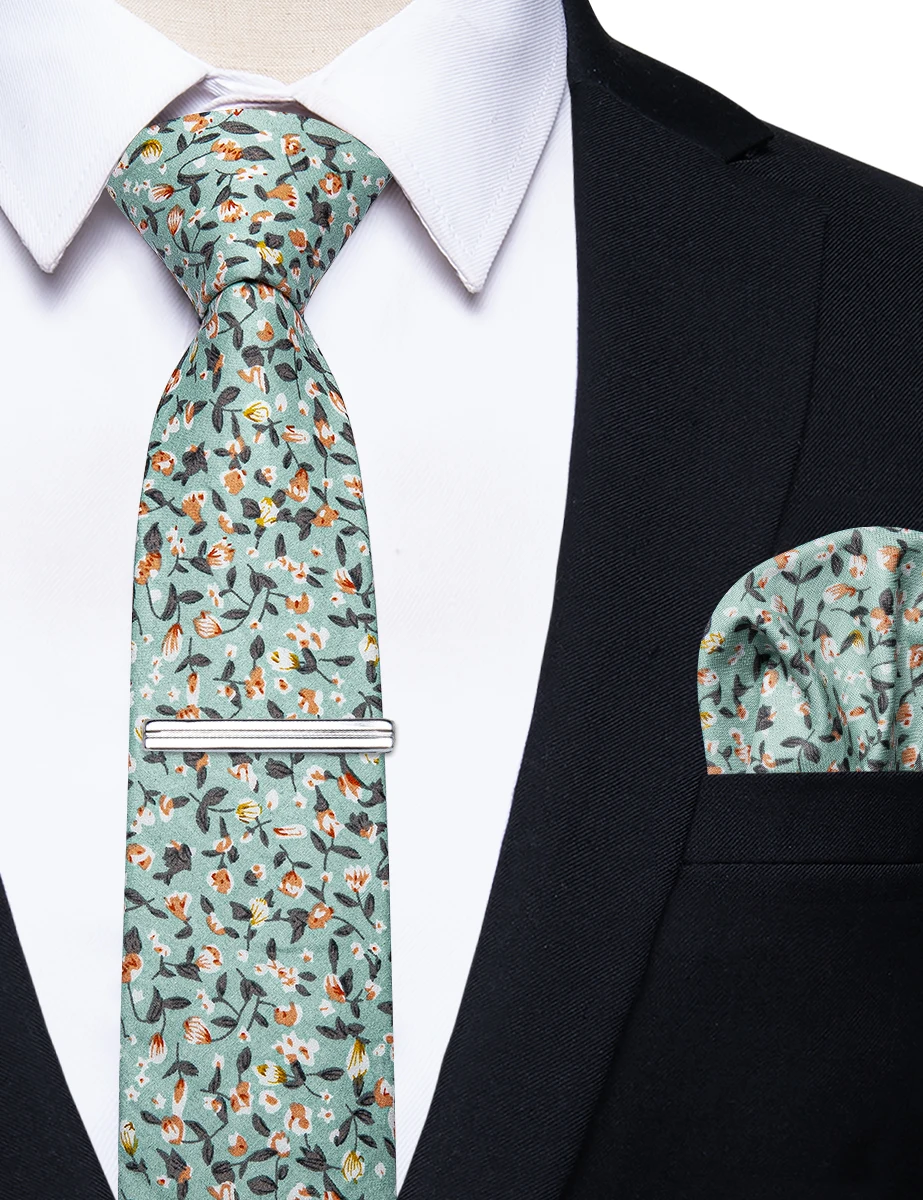 Свежий зеленый мужской тонкий галстук с оранжевым цветочным принтом Новый