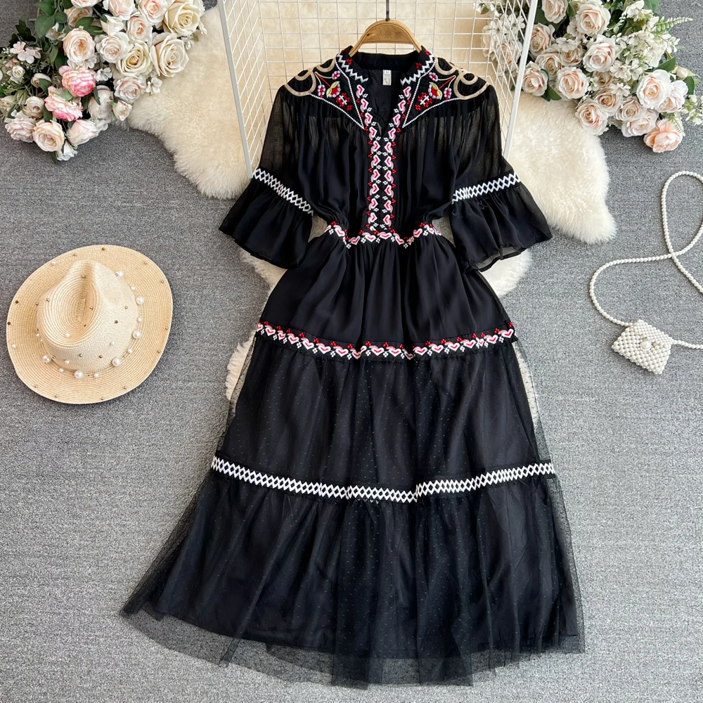 VANOVICH Vintage Flare Sleeve V-neck Waist Slim A-line Gauze Ball Gown Dress Summer Chiffon Patchwork Embroidered Pleated Dress