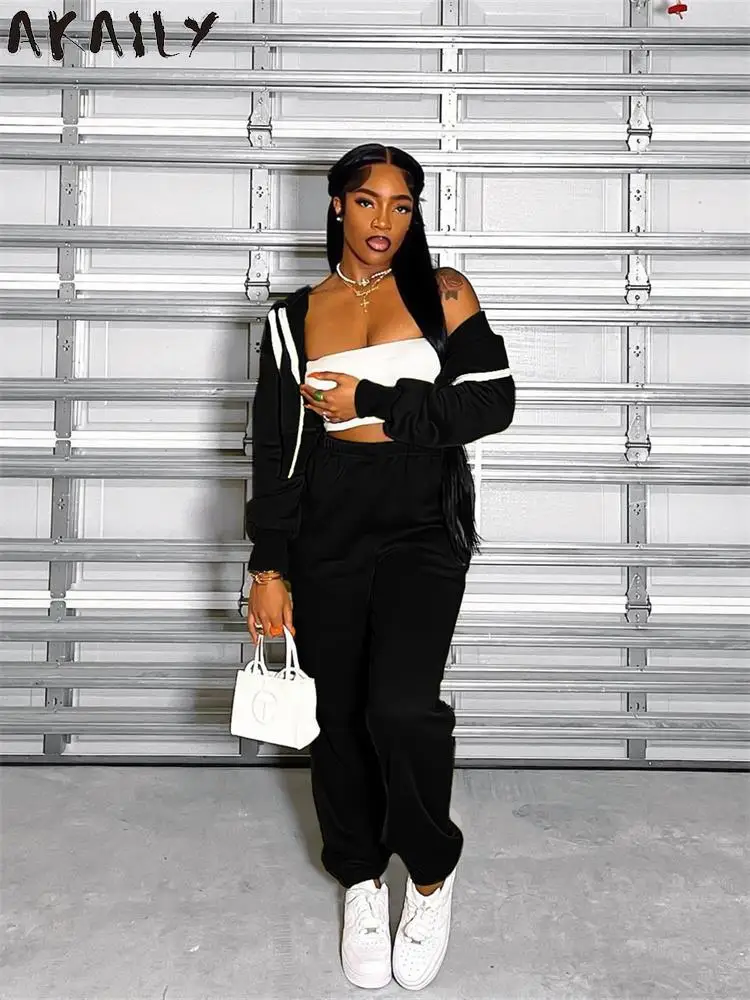 

Спортивный костюм Akaily женский черный из 2 предметов, комплект одежды для фитнеса, толстовка с длинным рукавом и штаны на молнии, спортивный к...