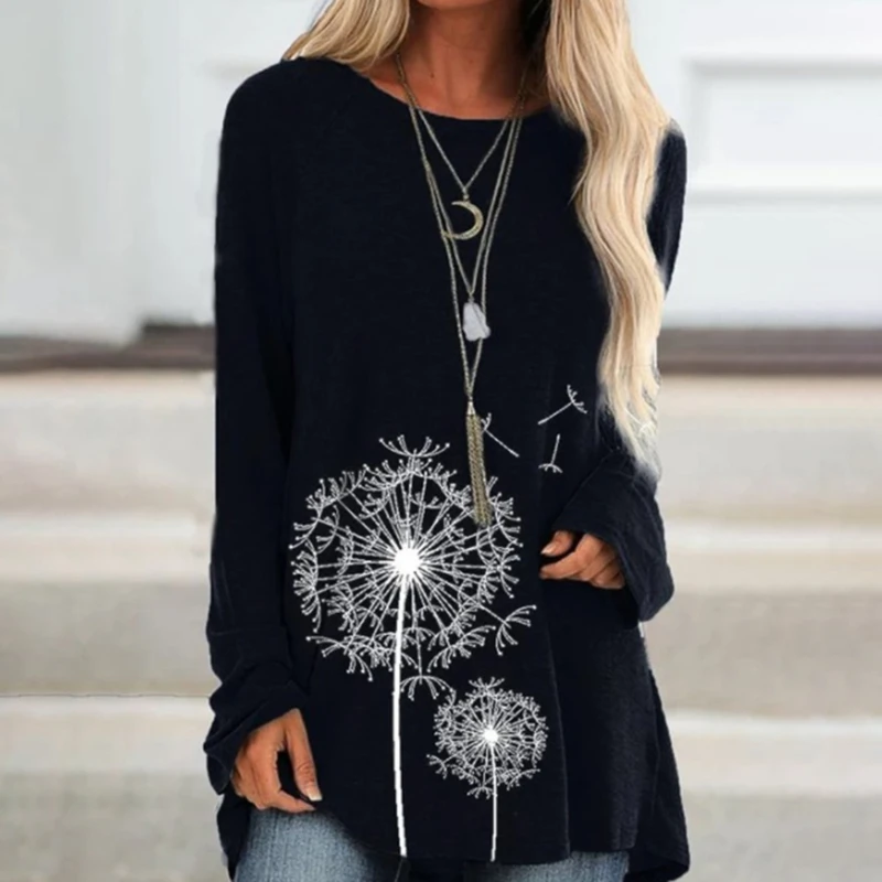 

Loose Ladies Tops Print Round Neck T-shirts Spring Autumn Women Fashion T-shirt Soft Irregular Long-sleeved Pullover