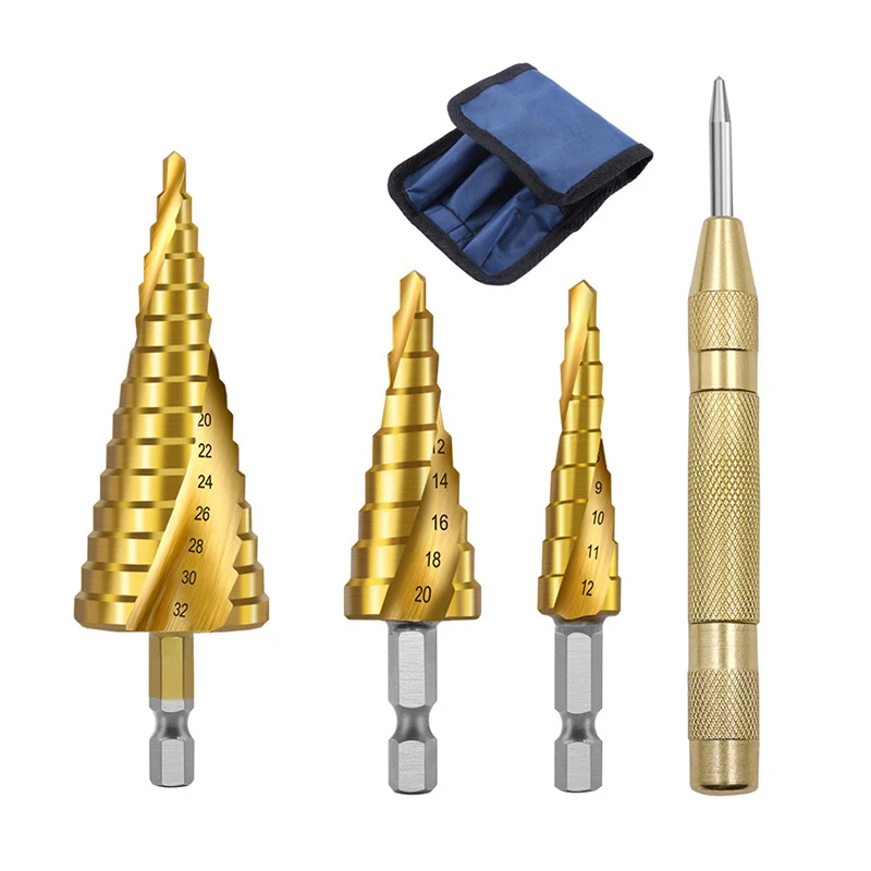 

Сверло ступенчатое из быстрорежущей стали с титановым покрытием, 4-12/4-20/4-32 мм, по дереву и металлу