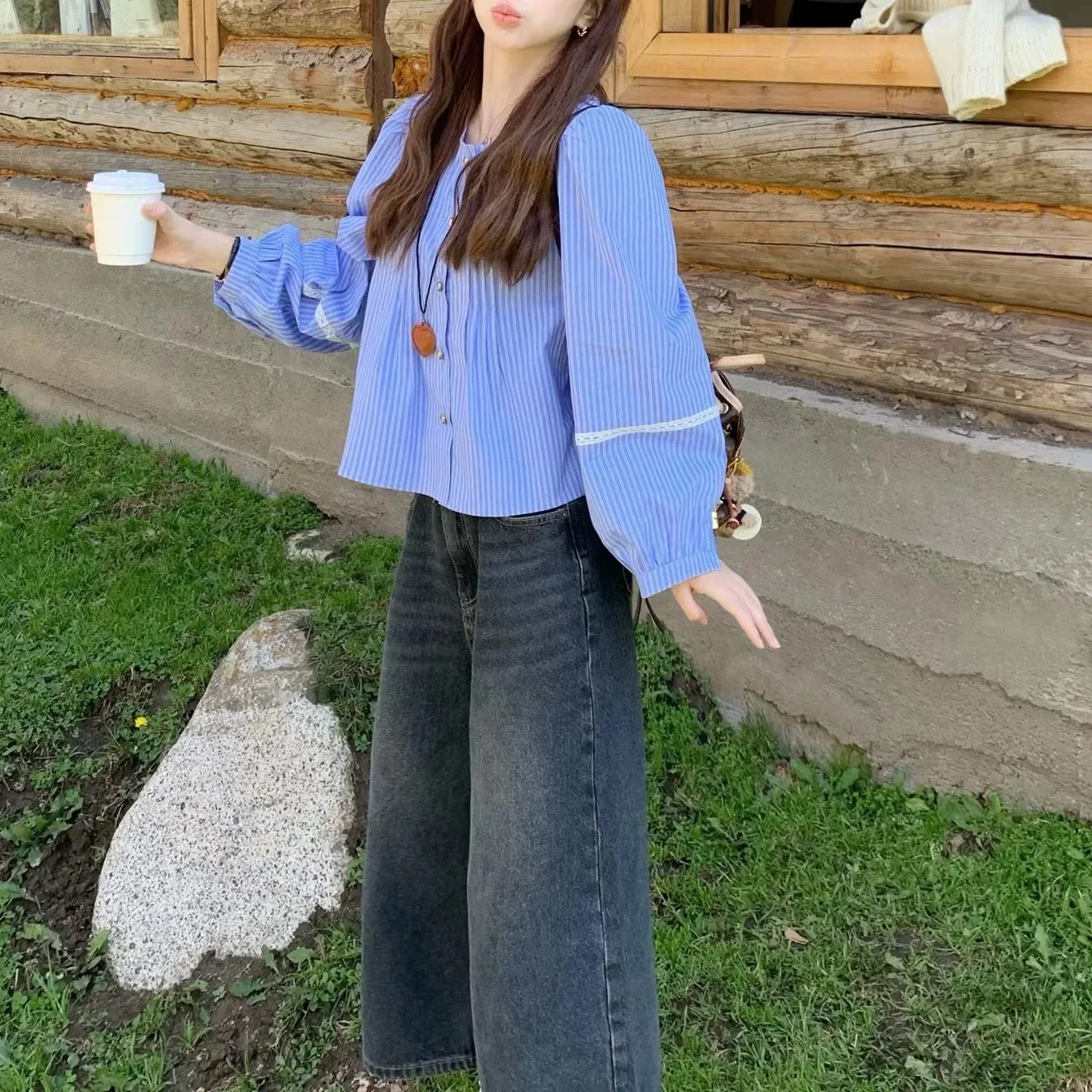 Blue Striped Bubble Sleeve Short Casual Top Women's Korean Style Shirt Wear Female