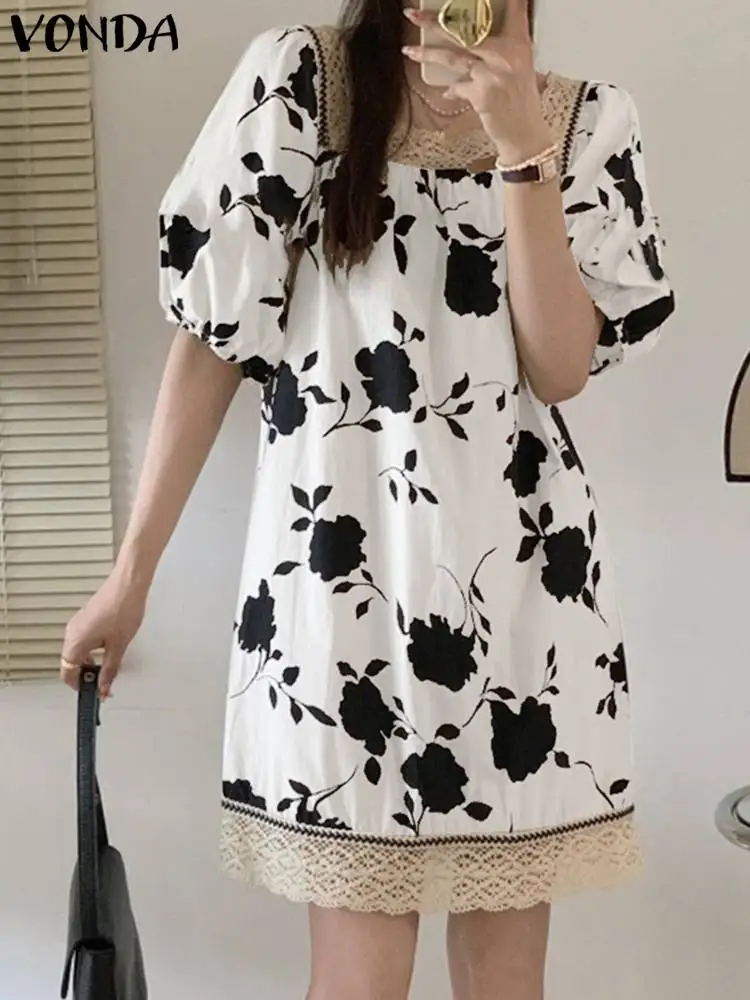 

VONDA Bohemian Women Mini Dress 2023 Summer Short Sleeve Sexy Square Collar Sundress Casual Lace Floral Printed Beach Vestidos