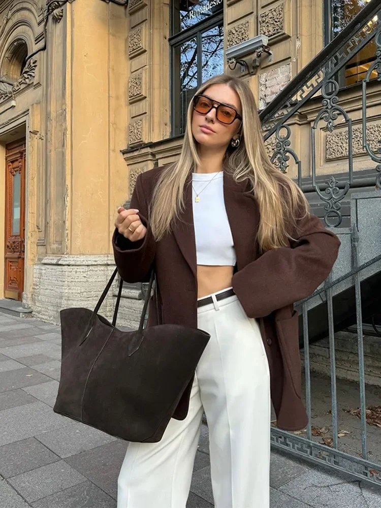 Осенний шикарный Женский блейзер с отложным воротником куртка повседневные