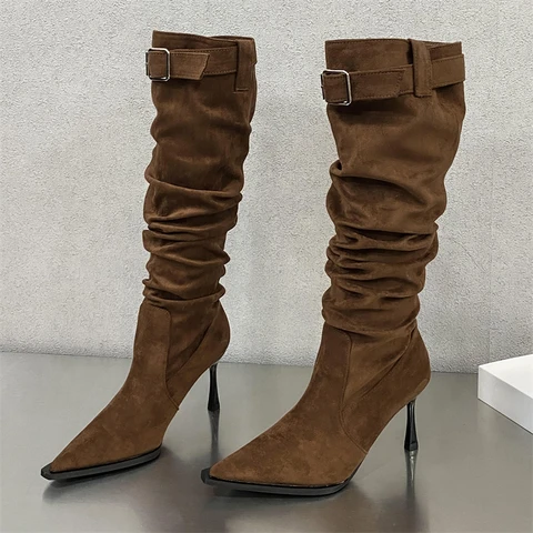 Aneikeh/женские плиссированные сапоги до колена в стиле панк с пряжкой и ремешком, осенне-зимние вечерние модельные туфли на тонком высоком каблуке с острым носком