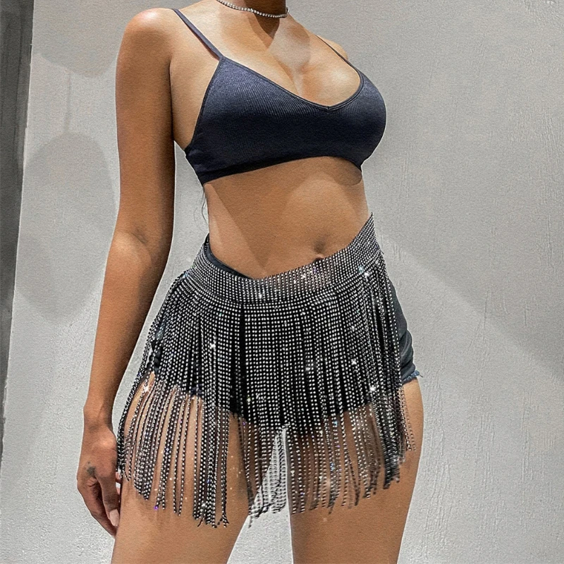 Сексуальная мигающая мини-юбка со стразами на бретельках электрическая сияющая