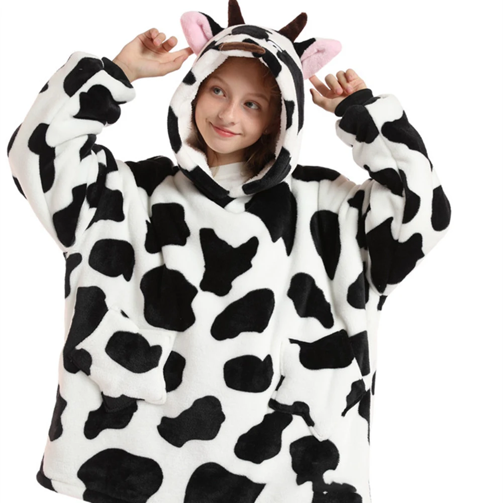 2022 Winter Children Blanket Hooded Flannel Nightgown Animals Cartoon Pullover Women's Warm Loose Students Lazy Clothing Pajamas