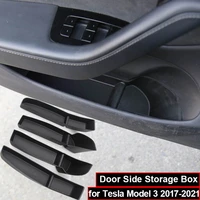 4pcs door side storage box for tesla model 3 2021 barrel handle armrest organizer container hidden phone holder auto accessories