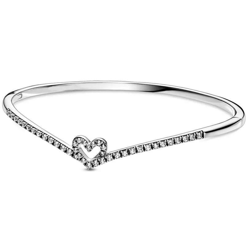 

Authentic 925 Sterling Silver Wish Sparkling Wishbone Heart Bracelet Bangle Fit Bead Charm Diy Fashion Jewelry