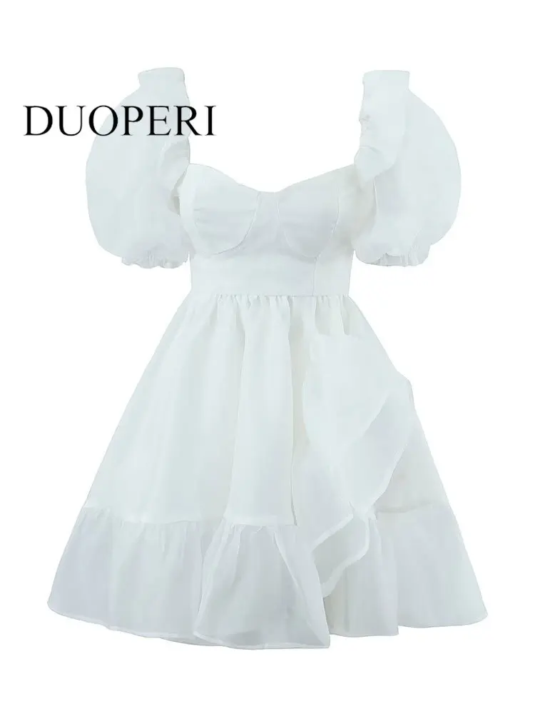 

DUOPERI Women Fashion White Mini Dress Vintage Square Neck Back Zipper High Waist Short Sleeve Back Zipper Female Chic Dresses
