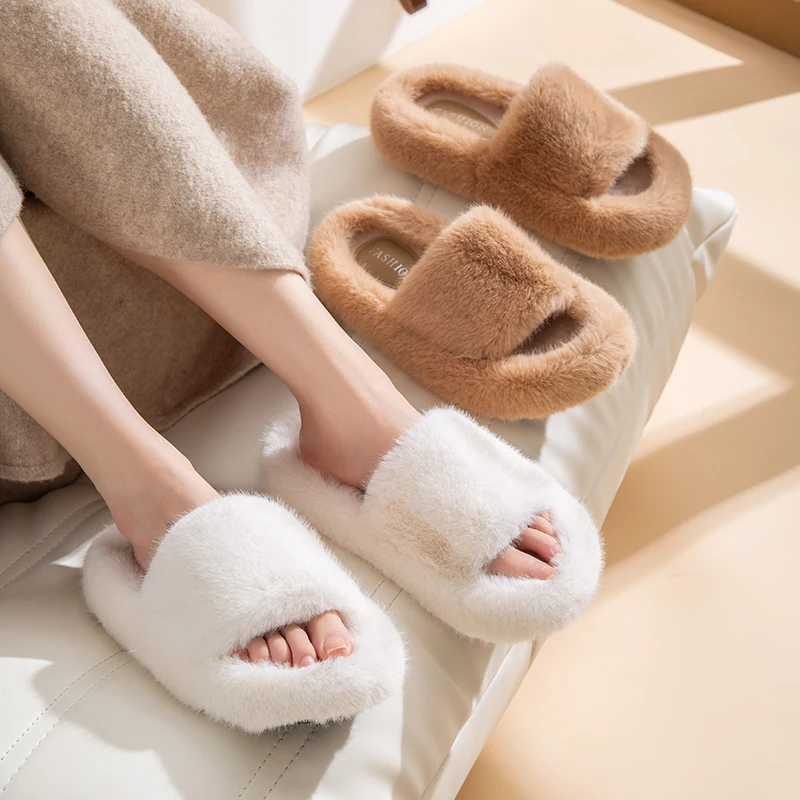 

Comwarm New Winter Fur Women slippers Plush fluffy Home Slippers Women Cozy Soft Warm Furry Indoor Home Shoes Platform Flip Flop