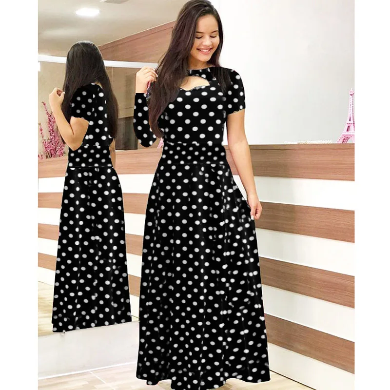 

2022 Women Short Sleeve Hollow Out Long Dress Summer Floral Print High Waist Elastic Elegant Boho Robe O-Neck Dreses Plus Size