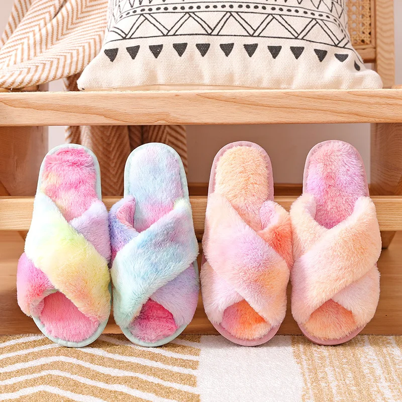 Autumn and Winter New Fashion Colorful Plush Slippers Women's Home Fluffy Warm Flat Open Toe Crossed Plush Cotton Slippers Women