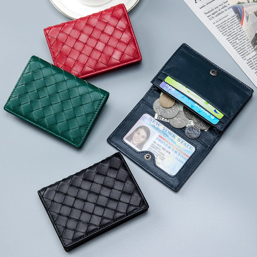 

Fashion Genuine Sheepskin Leather Weaving Cards Wallet for Men Large Capacity Business Cards Bag Bank Cards Holder Men's Purse