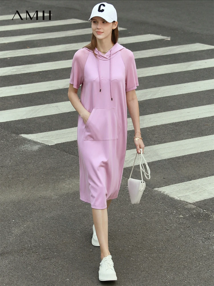 

Amii Minimalist Spring Dresses For Women Casual Dress Lady Hooded Hoodies Dress Embroidery Solid Short Sleeve Dress 12240008
