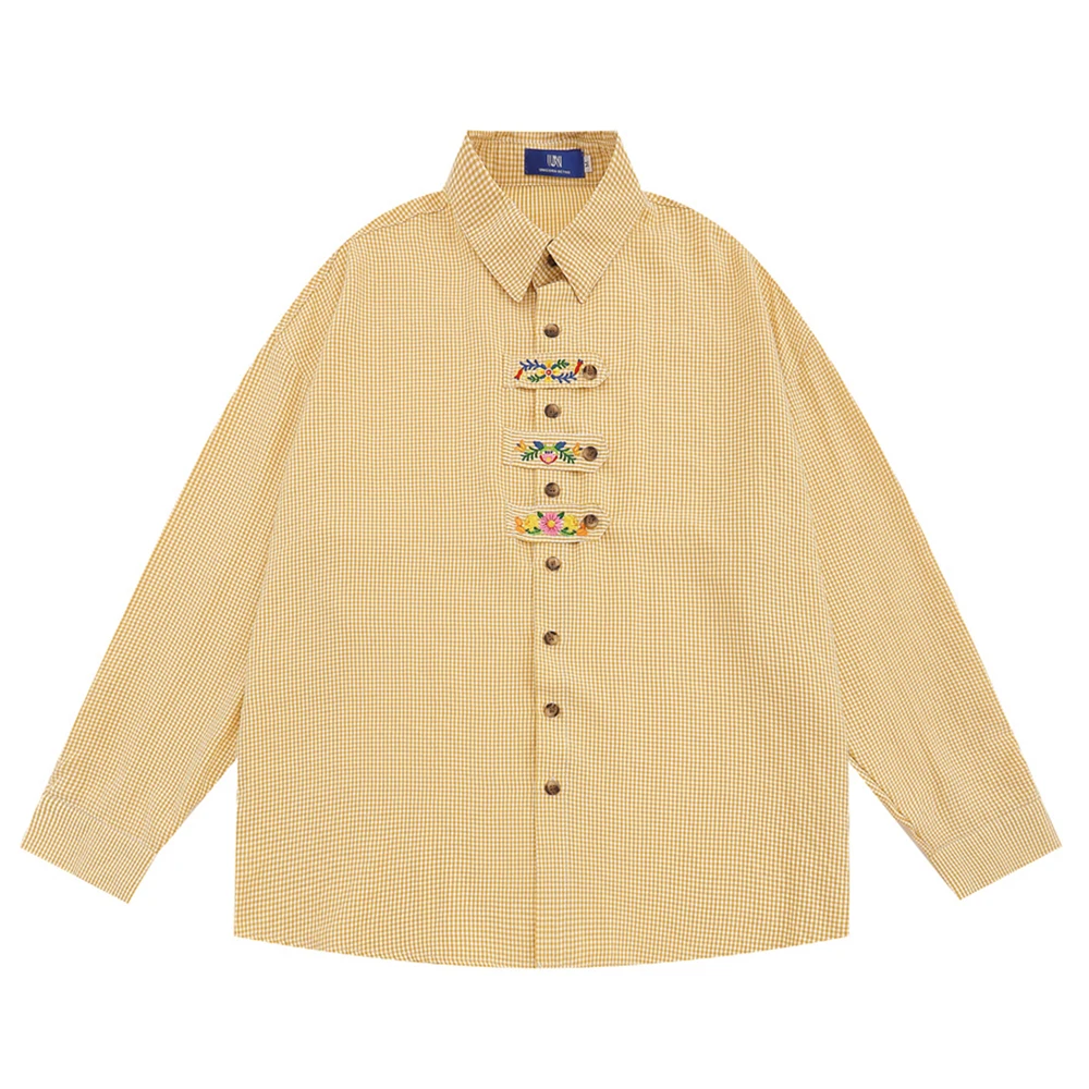 

Рубашка в клетку с цветочной вышивкой и петлями, мужская и женская рубашка с длинным рукавом на пуговицах, повседневные рубашки для мужчин, 3 цвета