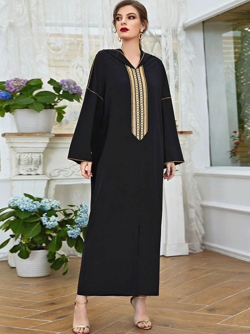 

Hooded Abaya Loose Casual Ethnic Long Dress Women Ribbon Embroidery Dubai Moroccan Caftan Fashion Muslim Arabic RobeClothes Eid