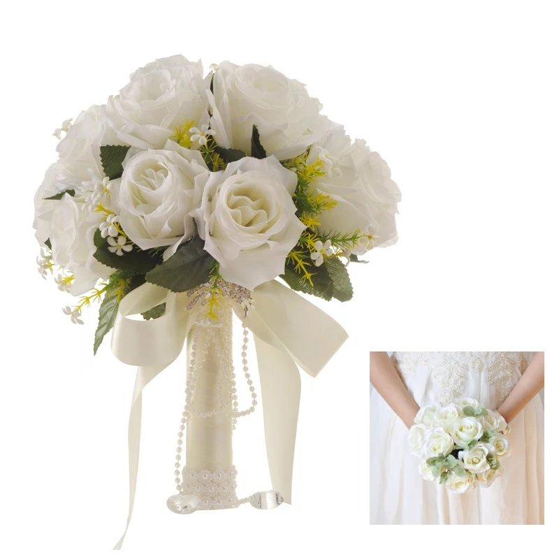 

Свадебный букет подружки невесты, Искусственные белые шелковые розы, искусственные цветы, букет невесты, аксессуары для свадьбы, украшение