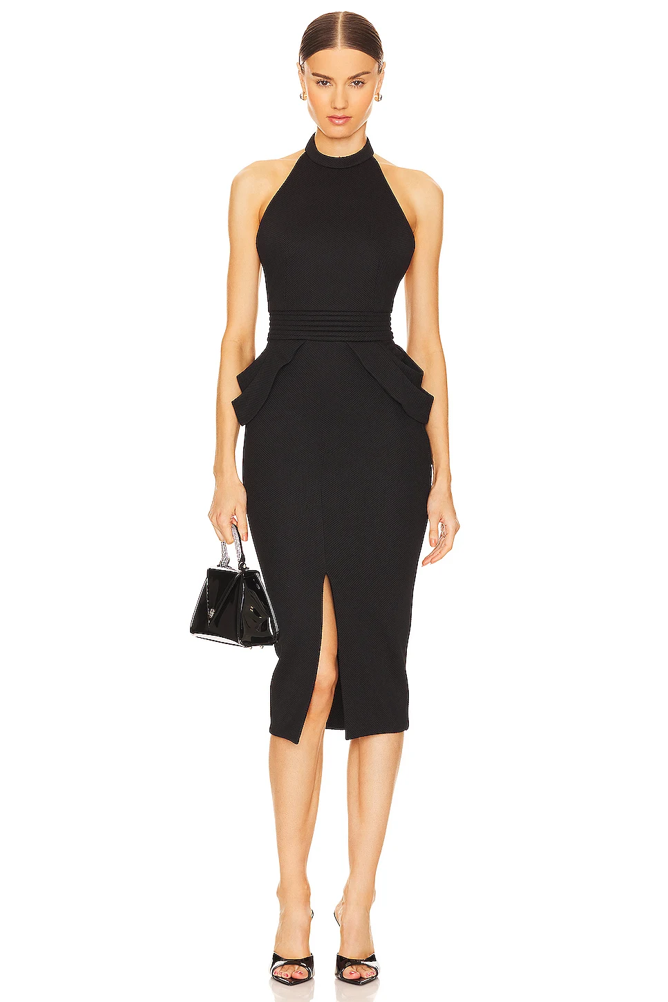 Черный цвет женское сексуальное облегающее платье миди без рукавов с лямкой на