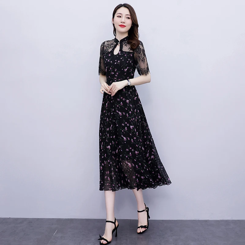 

Cheongsam Improved Version Summer Dresses Temperament Lace Stitching Chiffon 2022 New Womens Black Dress Short Sleeves