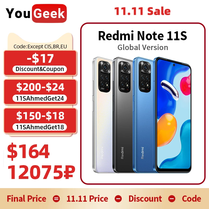 Najtaniej Globalna Wersja Xiaomi Redmi Note 11S 64/128GB Smartphone MTK Helio G96 108MP Quad Camera 33W Pro Szybkie ładowanie 90Hz AMOLED Display Cena Globalna Wersja Xiaomi Redmi Note 11S 64/128GB Smartphone MTK Helio G96 108MP Quad Camera 33W Pro Szybkie ładowanie 90Hz AMOLED Display