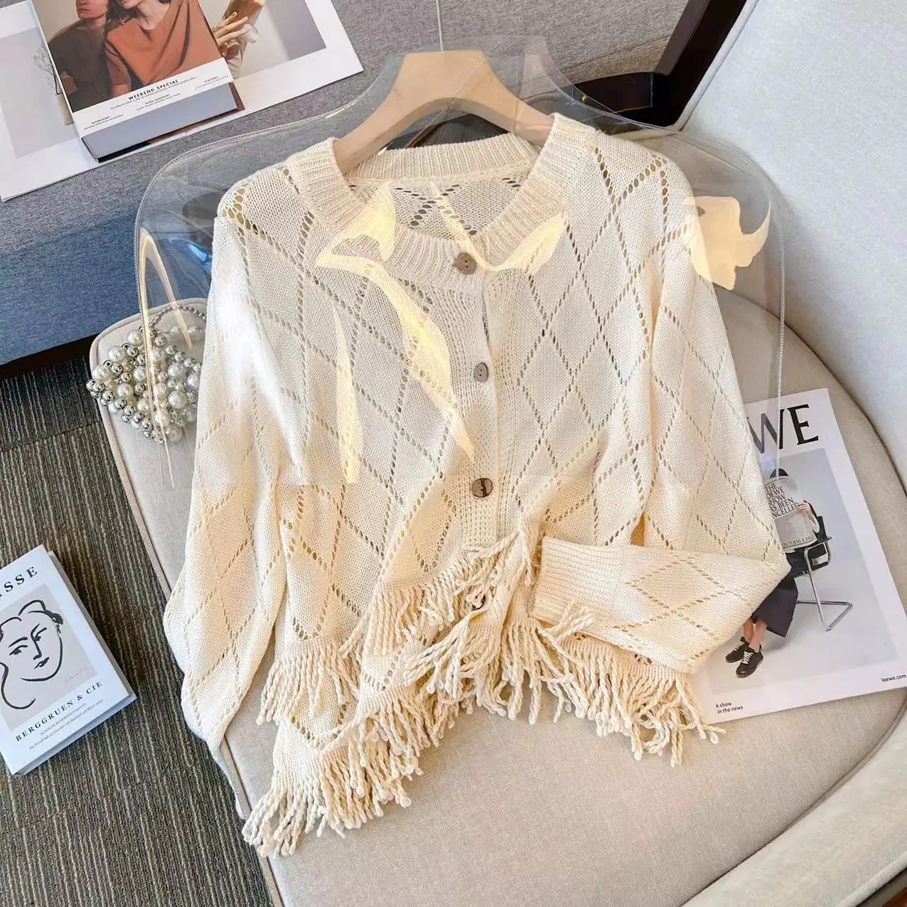 

Ажурный модный вязаный кардиган с бахромой, женский свитер, однобортный шикарный вязаный свитер с длинным рукавом, новинка 2022, женская одежда I583