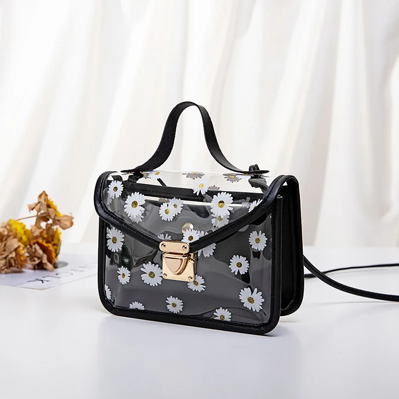 

2022 Mode Frauen Transparent Daisy Muster Schulter Tasche Hardware Kette Riemen Farbe Block Messenger Handtasche Verbund Tote