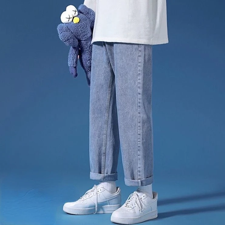 Solid Color Fashion Brand Men's Work Jeans Loose Light Blue New Spring Wide Leg Straight Tube Summer Trousers