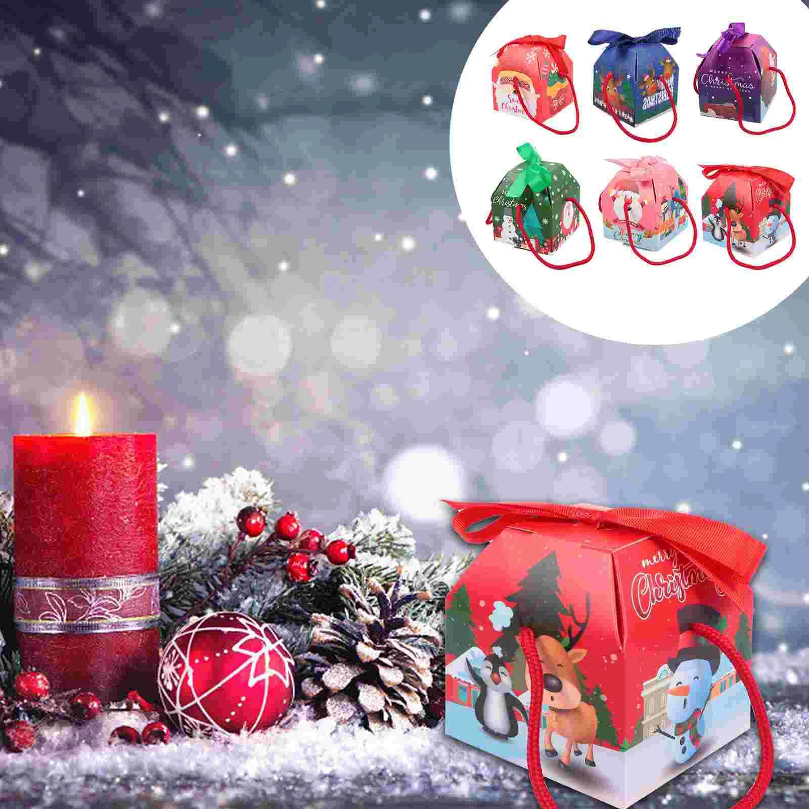 

Boxes Christmas Gift Boxpaper Decorative Favor Treat Goodieparty Bags Handles 3D Ornamentkraft Cookie Candy Eve Holiday Pouches
