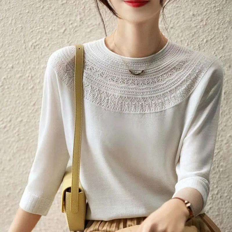 

Round Neck Pullover Elegant Female Shirts Knitted Fabric Hollow Out White Black Tops for Women Clothing Solid Blusas Casual 2846