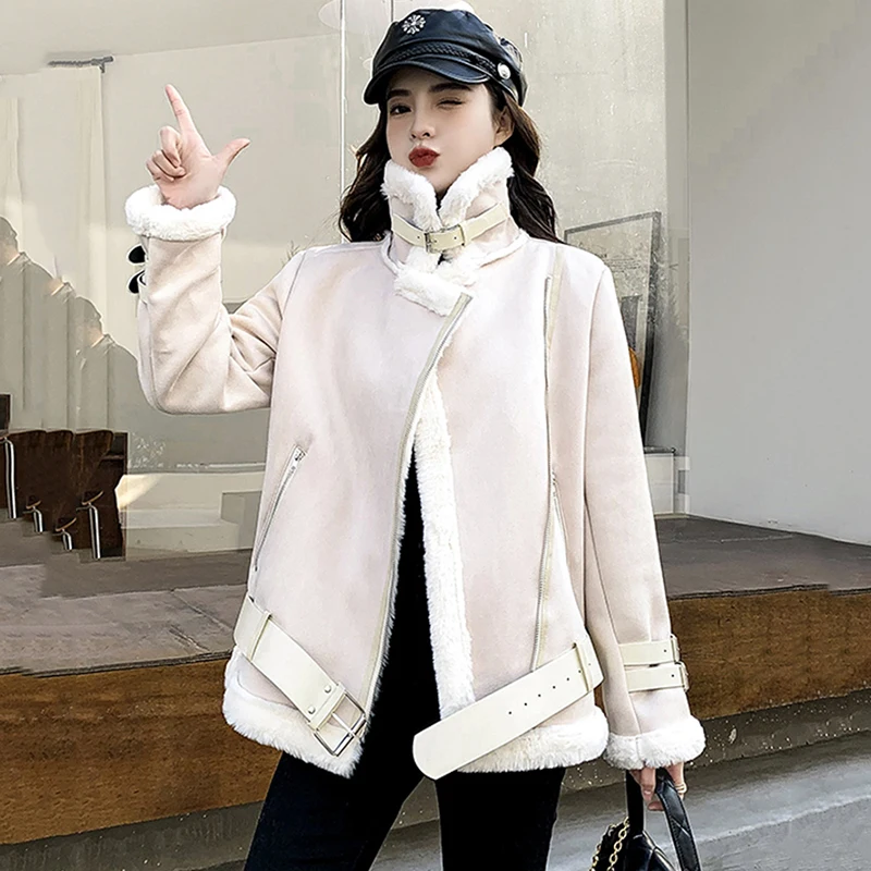 Осенне-зимняя замшевая короткая куртка с мехом, Женское пальто из овечьей шерсти, модная свободная Толстая теплая парка, Женская мотоциклетная куртка