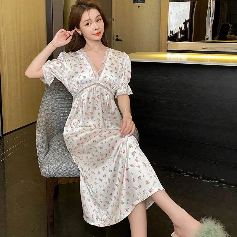 Sexy Nightdress Pajamas Women Summer Ice Silk Ssatin Short Sleeve Long Skirt Chest Pad Thin Senior Home Clothes Free Shipping