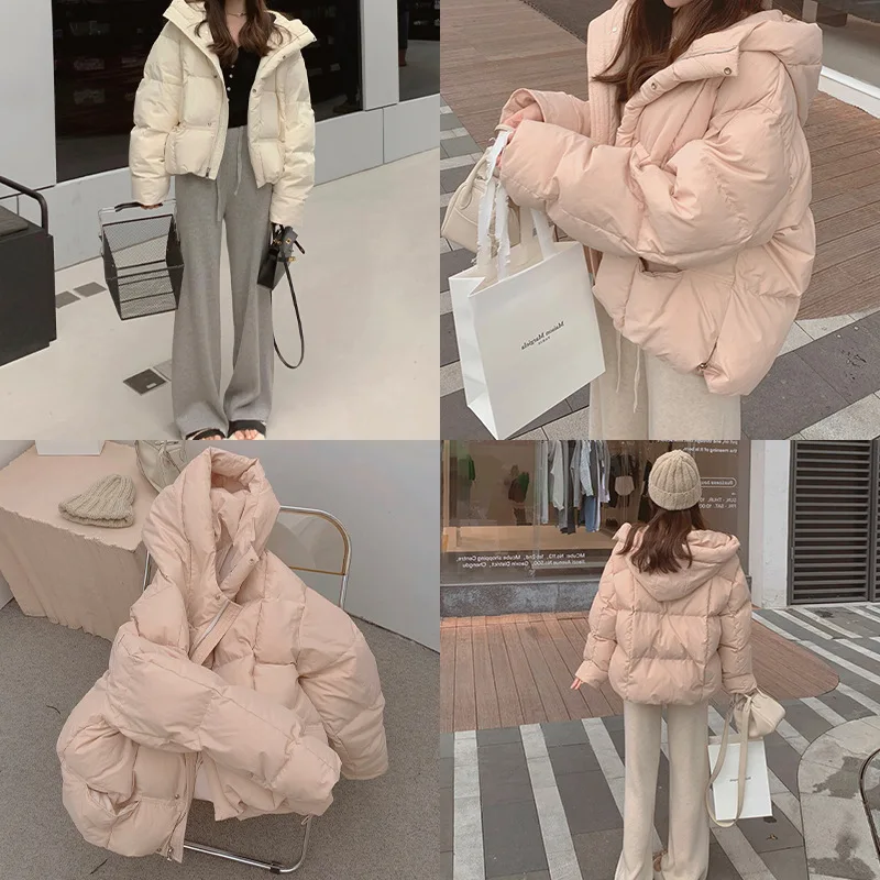 Hooded Down Jacket Women's Winter New Solid Colour Cotton Clothing Students Thicken Warm Bread Clothes Jacket Casual Tops