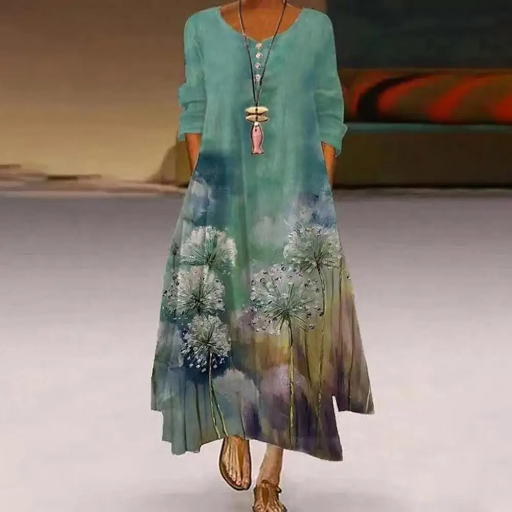 

Casual Women Dress Long Sleeve A-line Loose Round Neck Long Sleeve Floral Dress